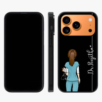 Doctor Pattern Custom Name Glass Case displayed upright for full design visibility and premium finish.