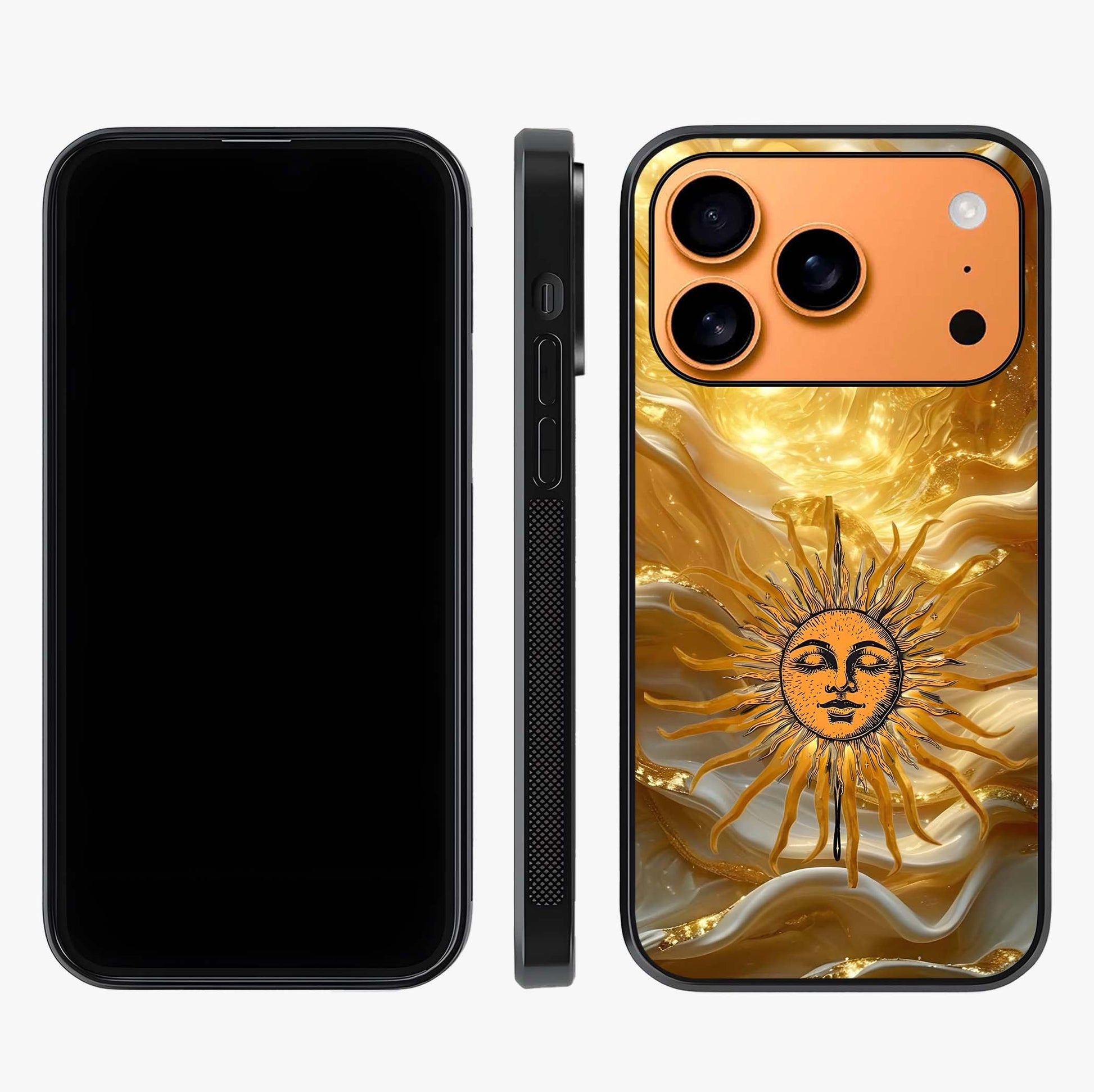 Eternal Golden Glow Glass Case displayed upright for full design visibility and premium finish.