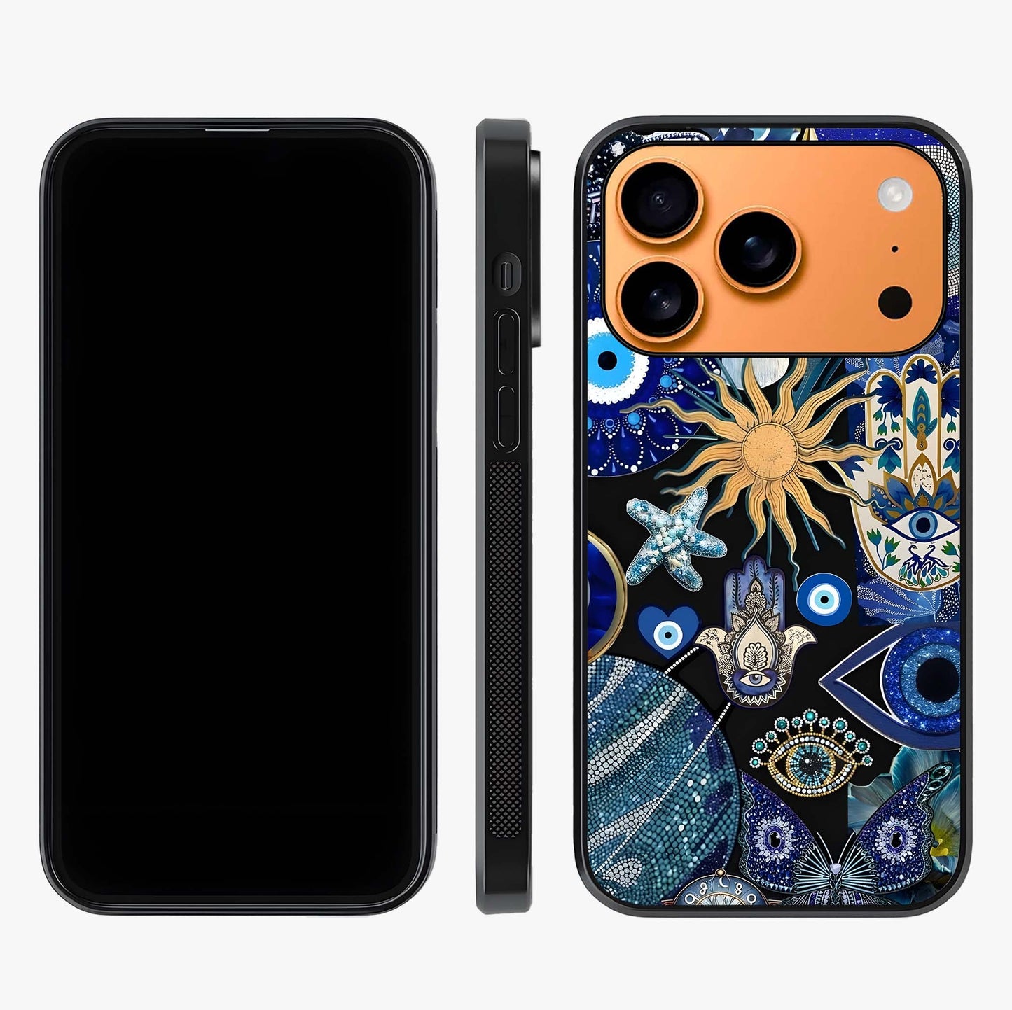 Evil Eye Charm Mix Glass Case displayed upright for full design visibility and premium finish.