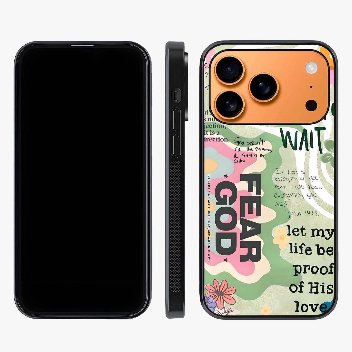 Faith Over Fear Glass Case displayed upright for full design visibility and premium finish.