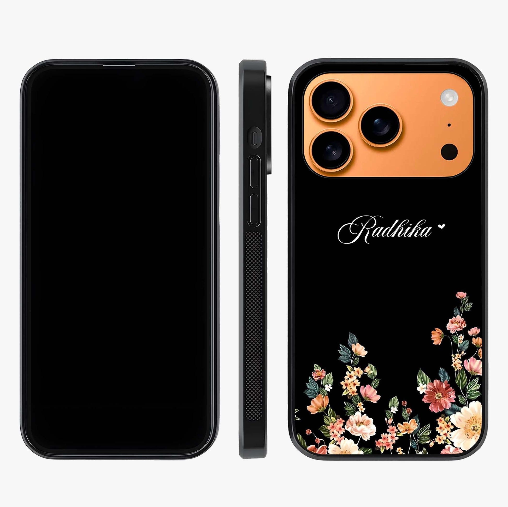 Floral Design With A Custom Personalized Name Glass Case displayed upright for full design visibility and premium finish.
