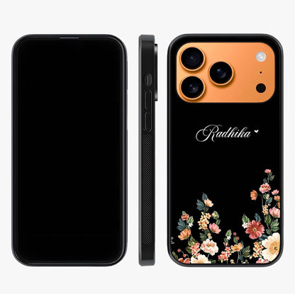 Floral Design With A Custom Personalized Name Glass Case displayed upright for full design visibility and premium finish.