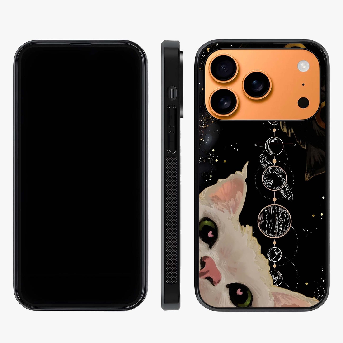 Galactic Cat Glass Case displayed upright for full design visibility and premium finish.
