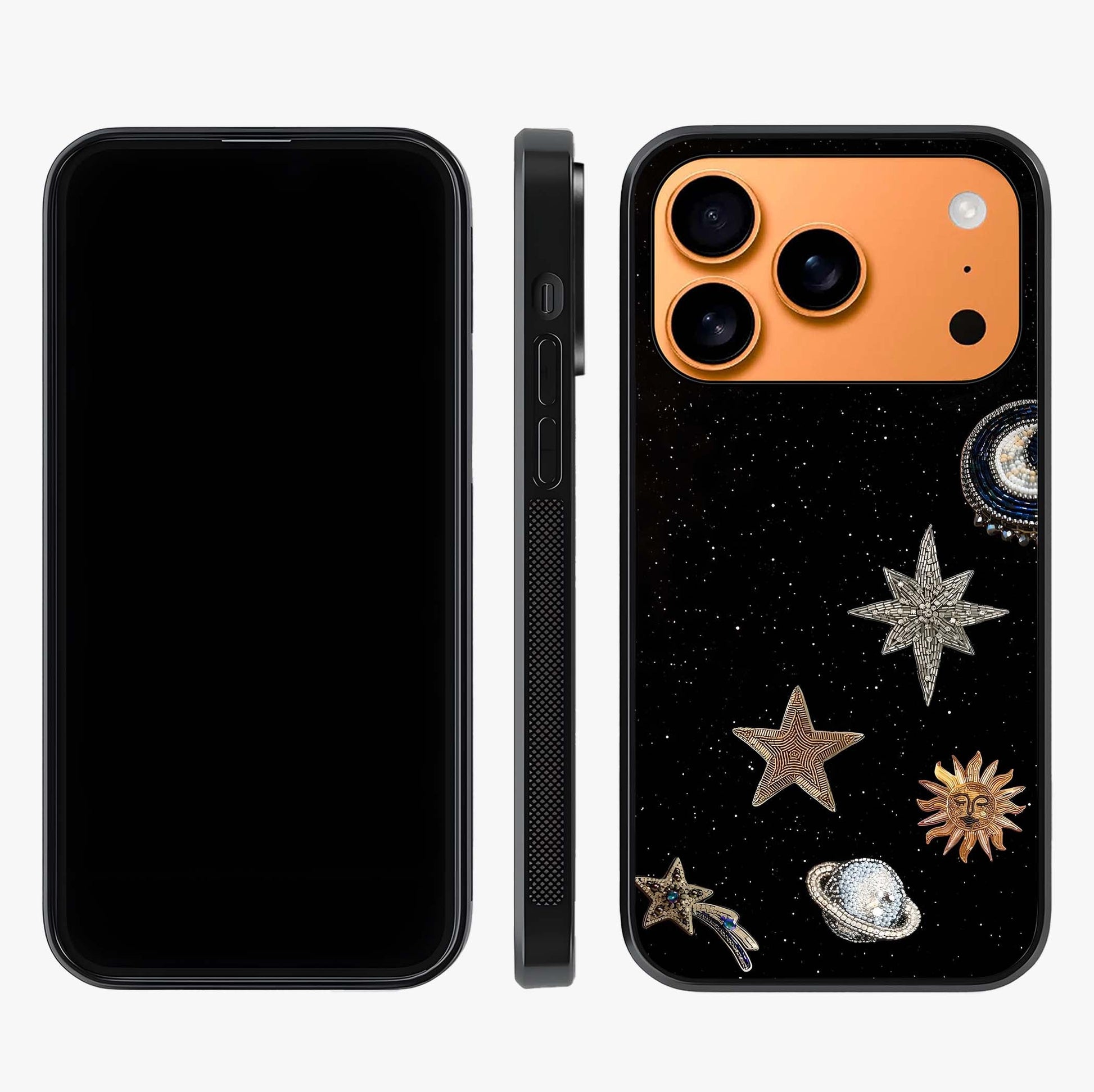 Galactic Charm Glow Glass Case displayed upright for full design visibility and premium finish.