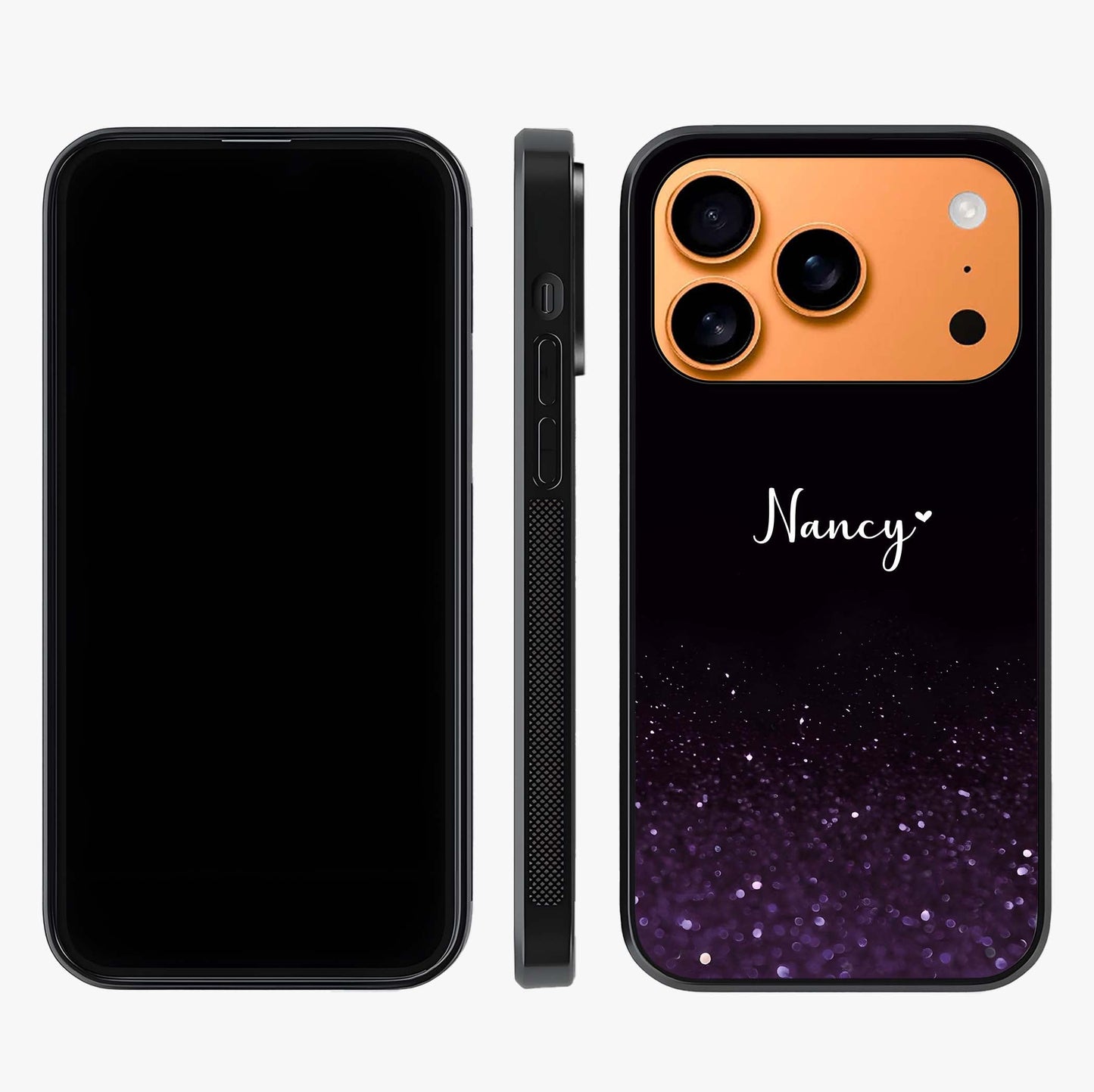 Glittery Purple Bokeh Custom Name Glass Case displayed upright for full design visibility and premium finish.
