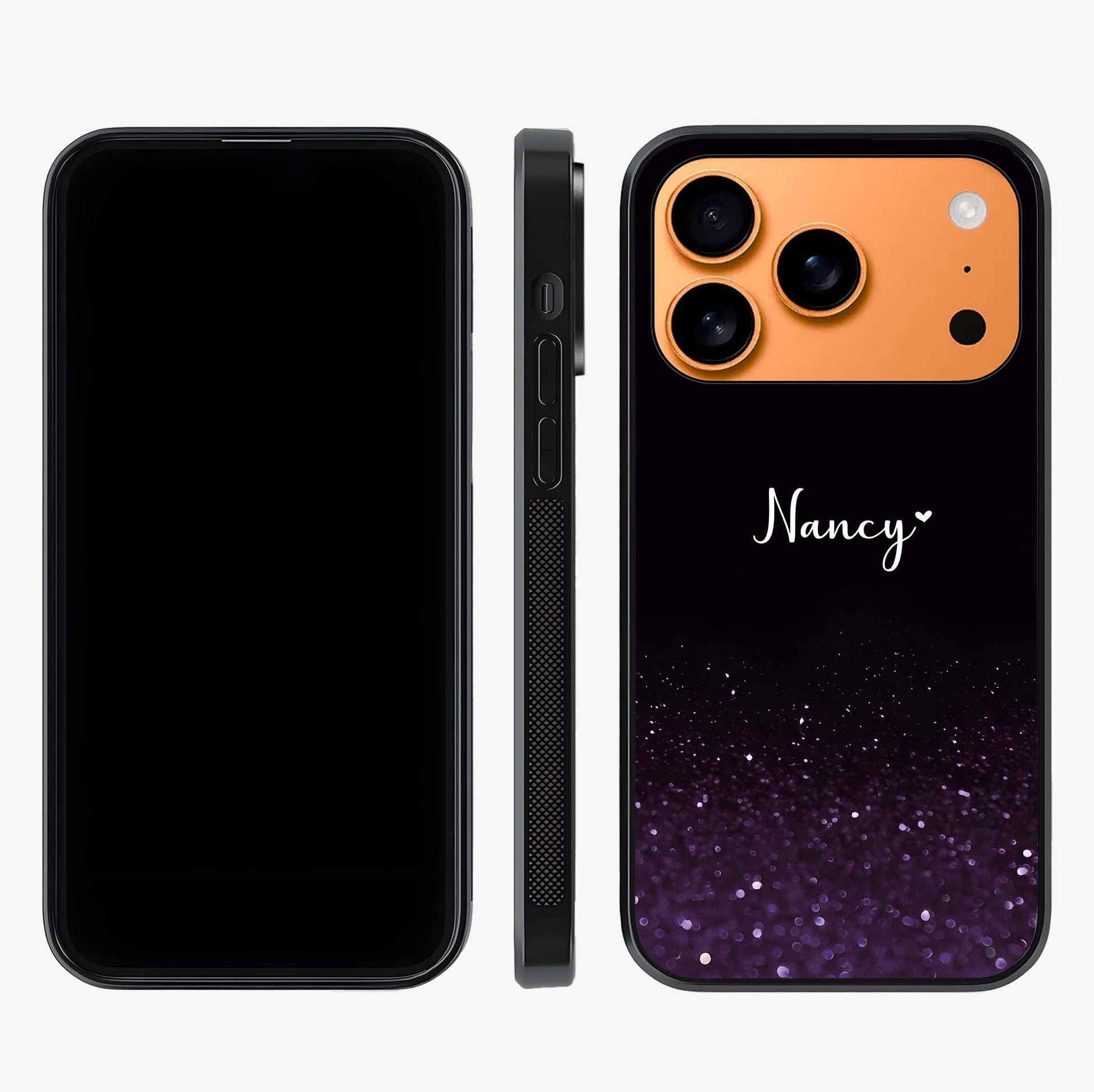 Glittery Purple Bokeh Custom Name Glass Case displayed upright for full design visibility and premium finish.