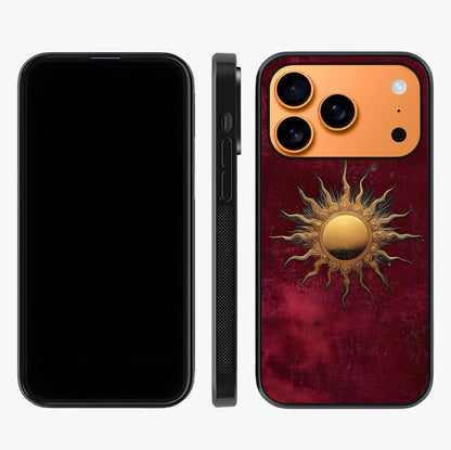 Gold Sun Blush Glass Case displayed upright for full design visibility and premium finish.
