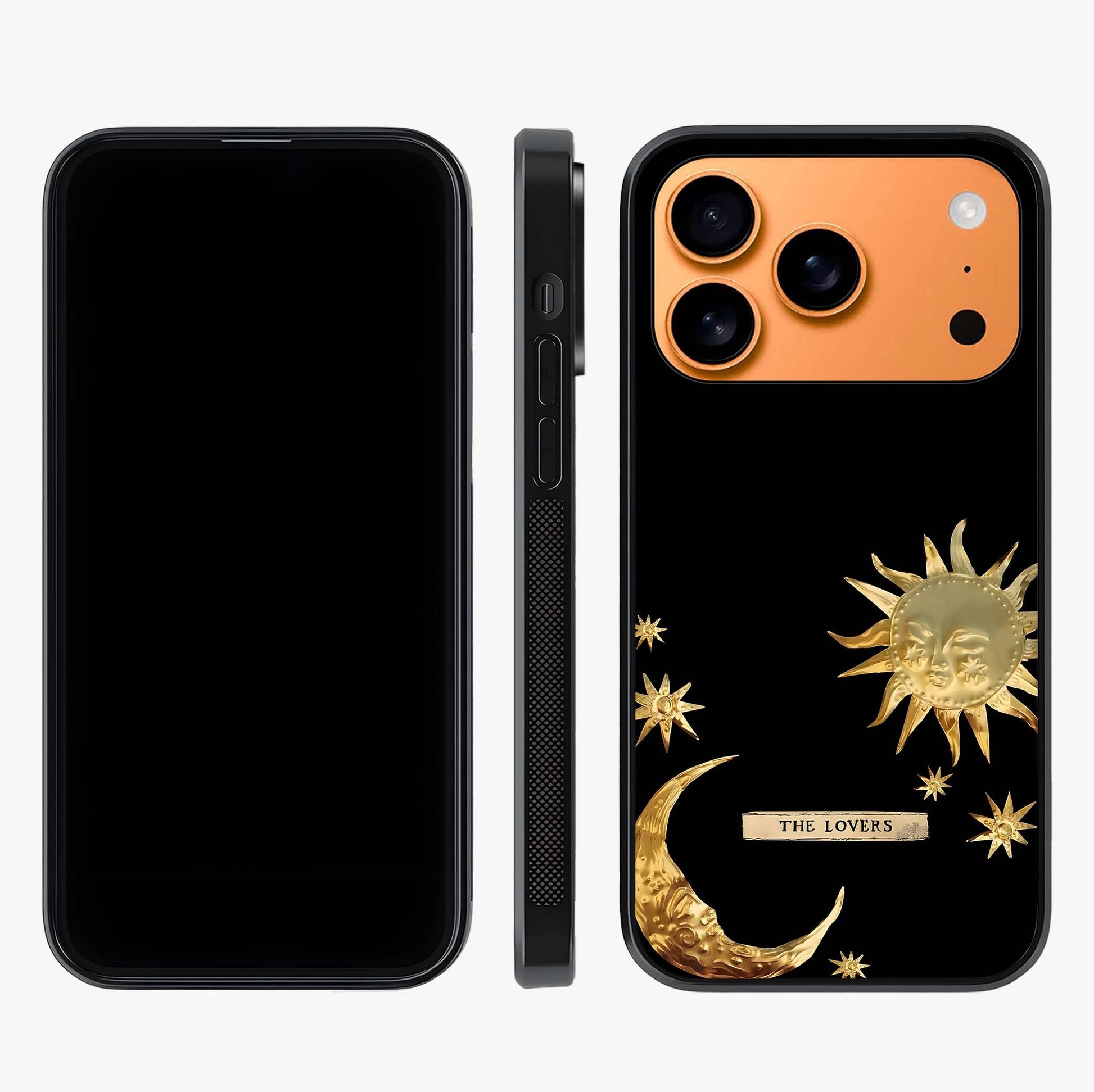 Golden Celestial Charm Glass Case displayed upright for full design visibility and premium finish.