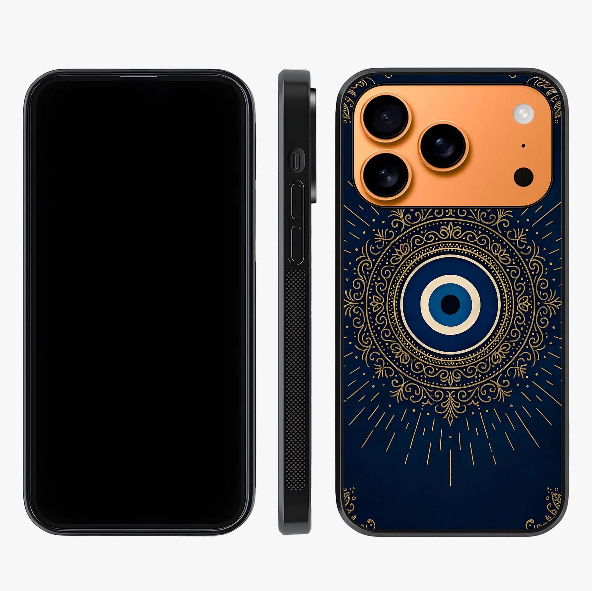 Golden Evil Eye Mandala Glass Case displayed upright for full design visibility and premium finish.
