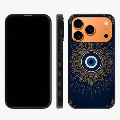Golden Evil Eye Mandala Glass Case displayed upright for full design visibility and premium finish.