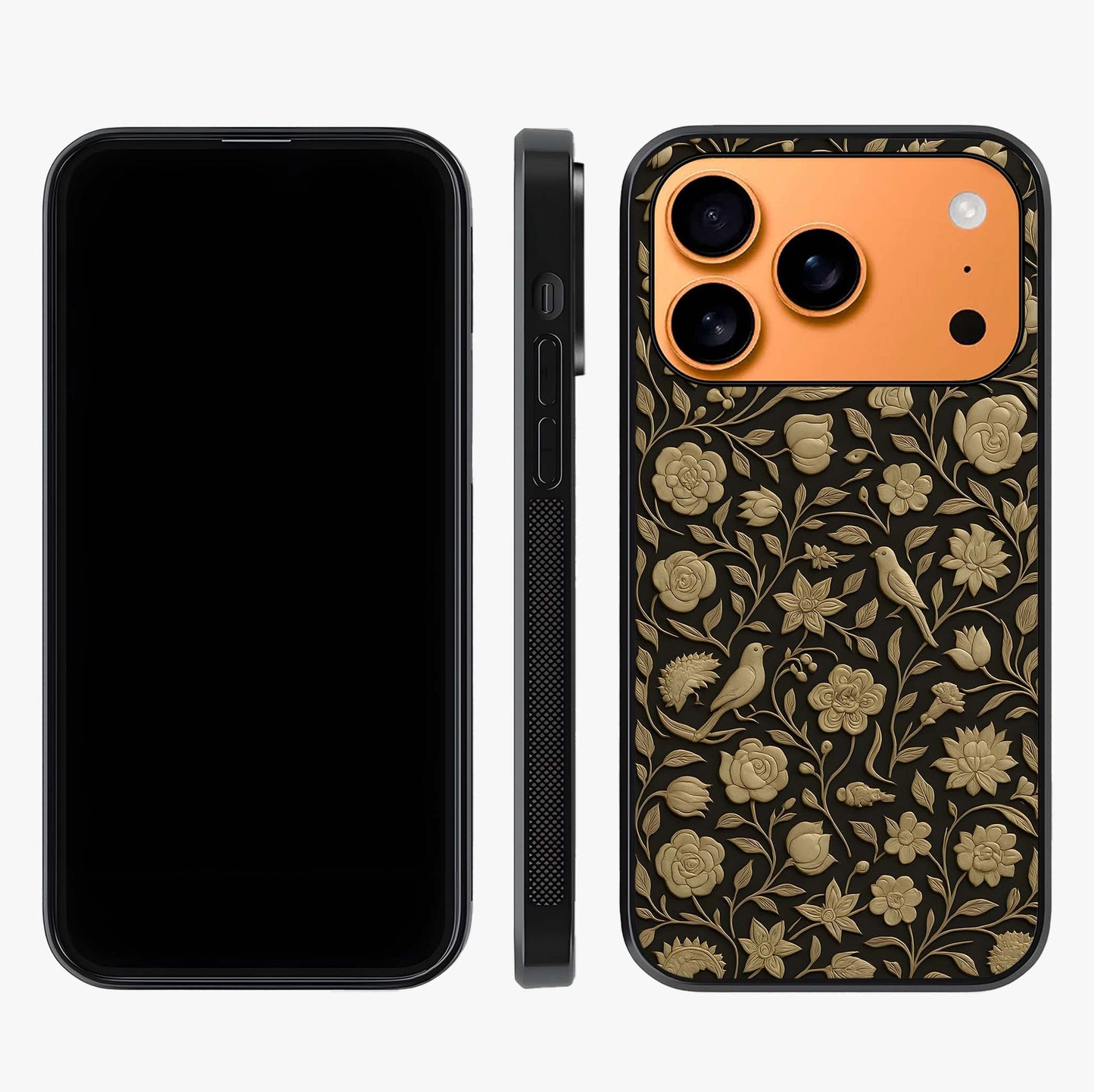 Golden Floral Majesty Glass Case displayed upright for full design visibility and premium finish.