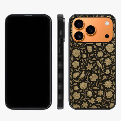 Golden Floral Majesty Glass Case displayed upright for full design visibility and premium finish.
