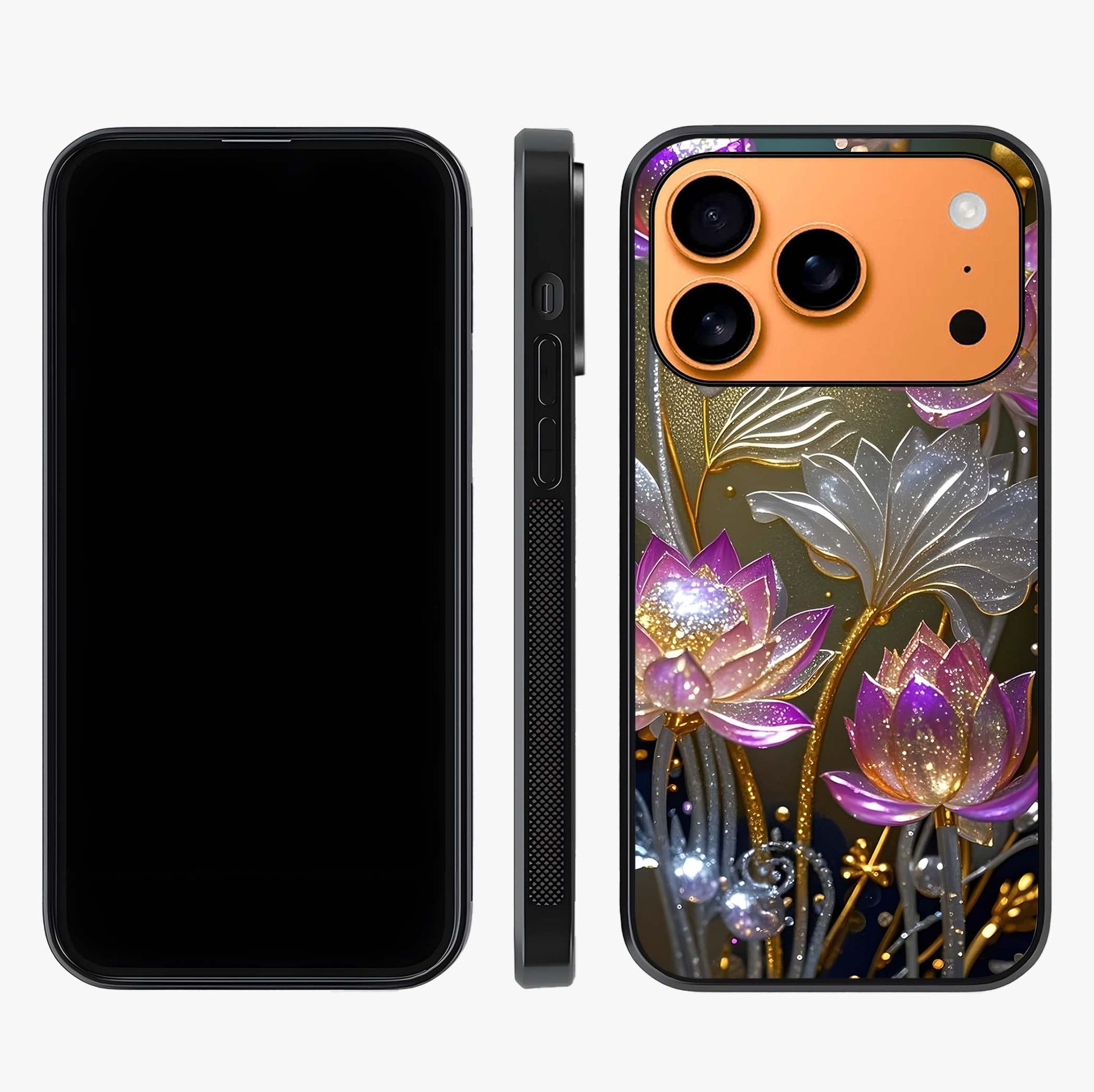 Golden Lotus Glow Glass Case displayed upright for full design visibility and premium finish.