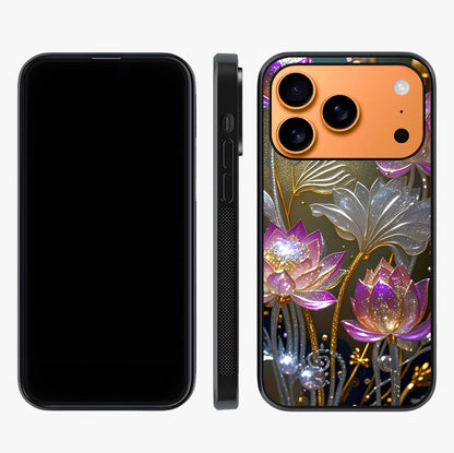 Golden Lotus Glow Glass Case displayed upright for full design visibility and premium finish.