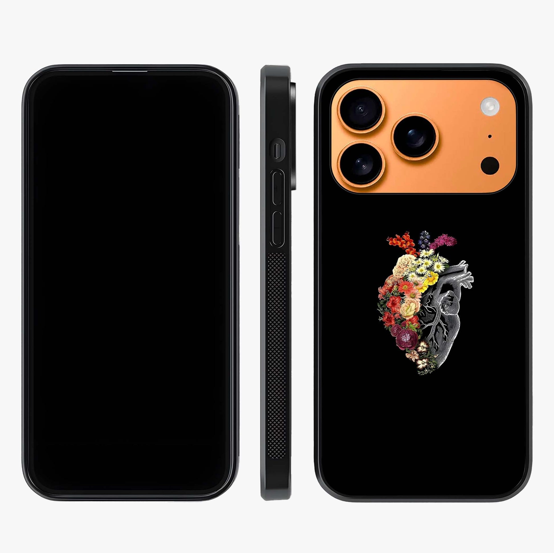 Heart With Flowers Glass Case displayed upright for full design visibility and premium finish.
