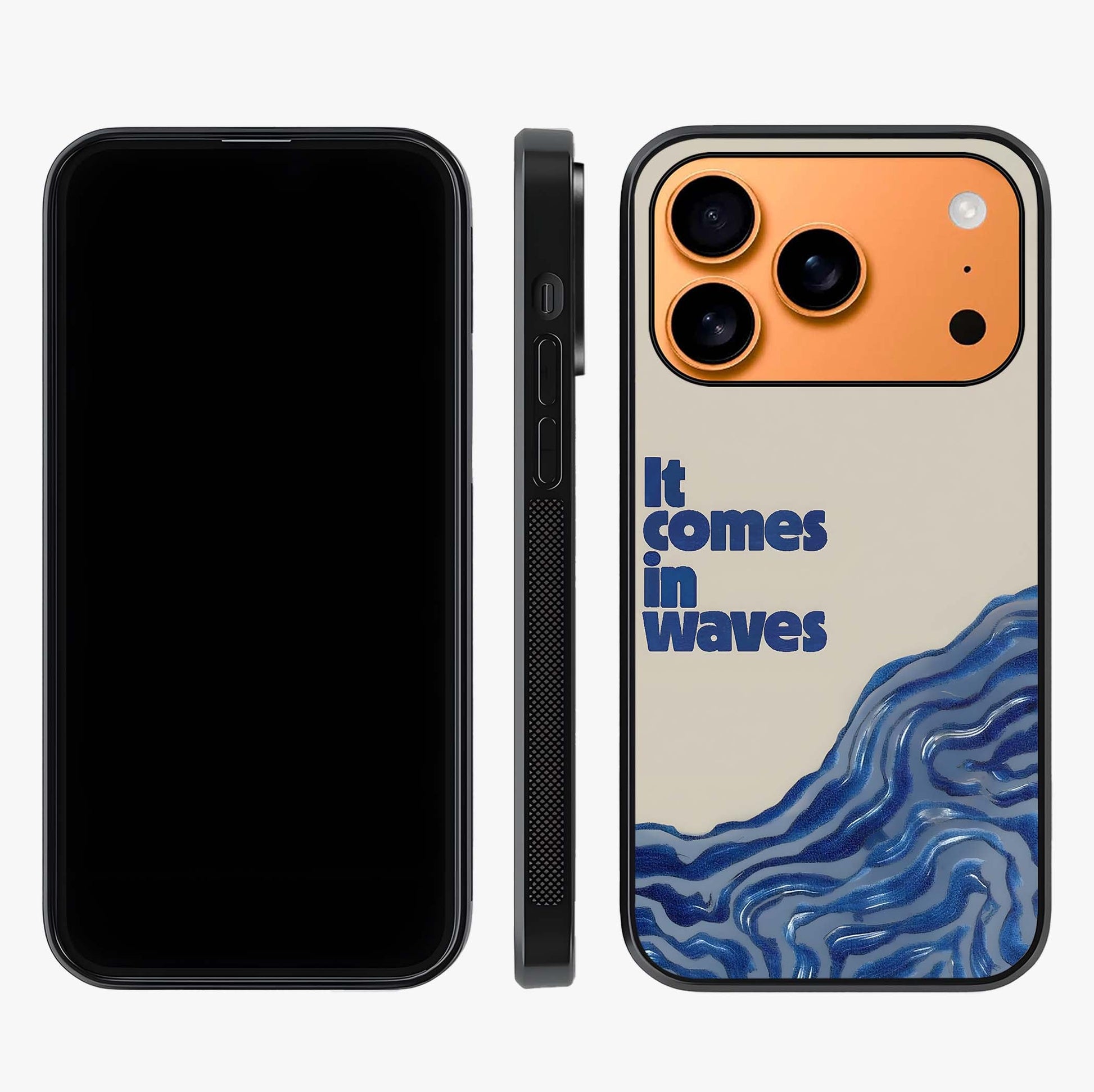 It Comes In Waves Quote Glass Case displayed upright for full design visibility and premium finish.