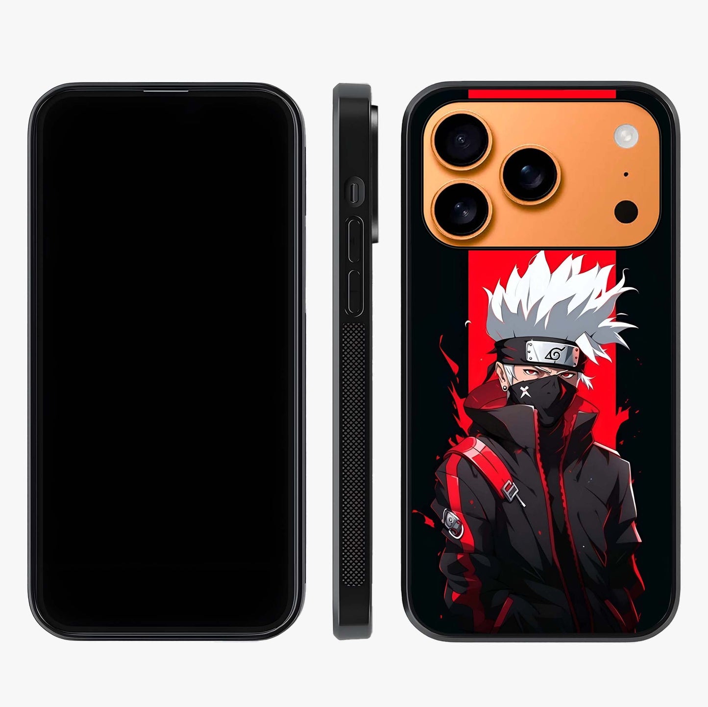 Kakashi Scarlet Shadow Glass Case displayed upright for full design visibility and premium finish.