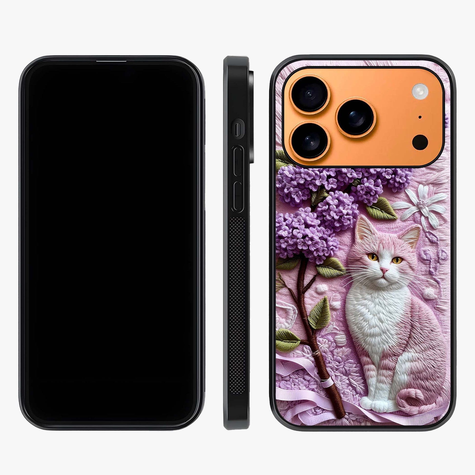 Lavender Cat Whimsy Glass Case displayed upright for full design visibility and premium finish.