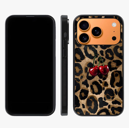 Leopard Wild Cherry Glass Case displayed upright for full design visibility and premium finish.