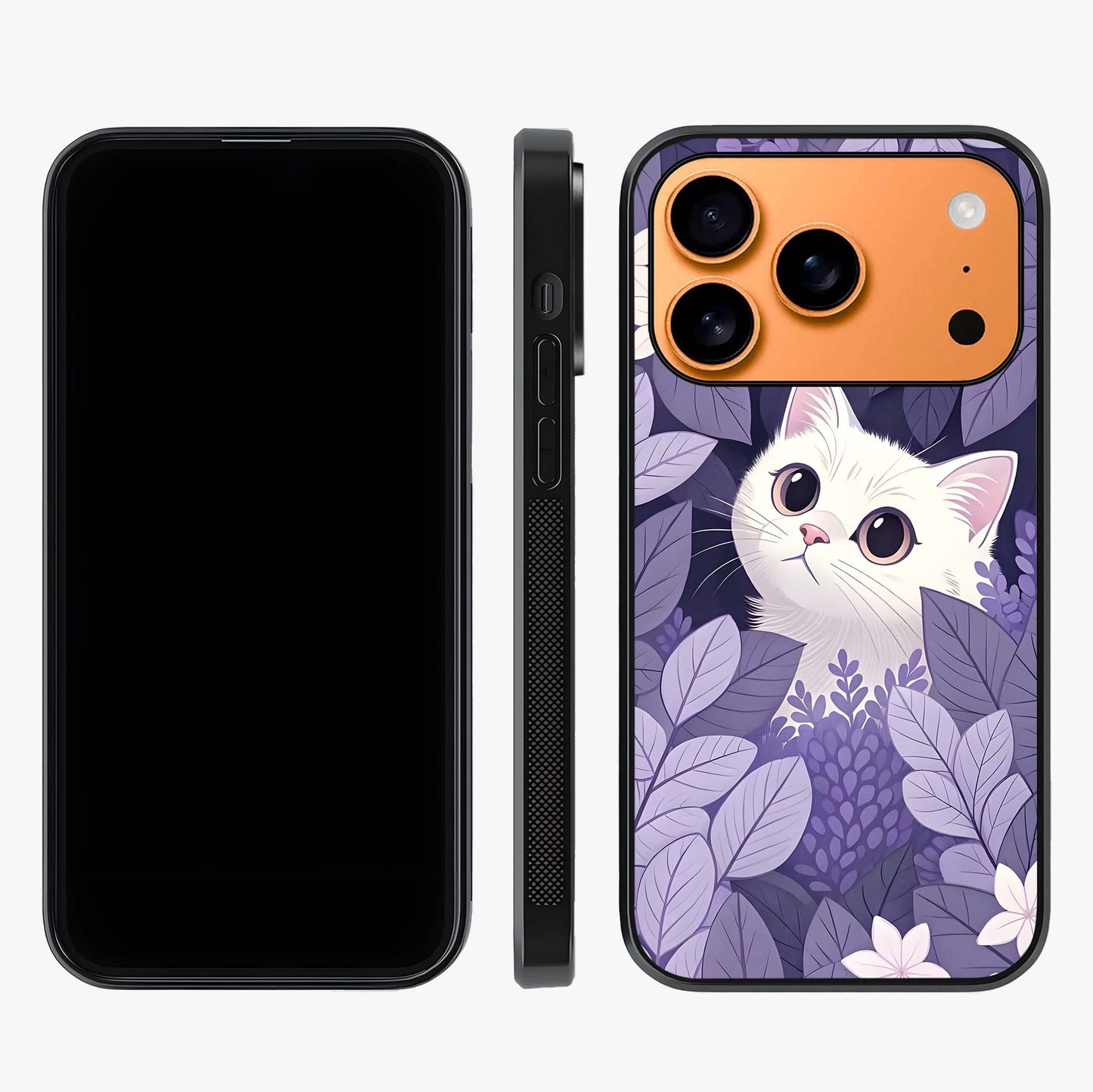 Lilac Hide Peek Cat Glass Case displayed upright for full design visibility and premium finish.