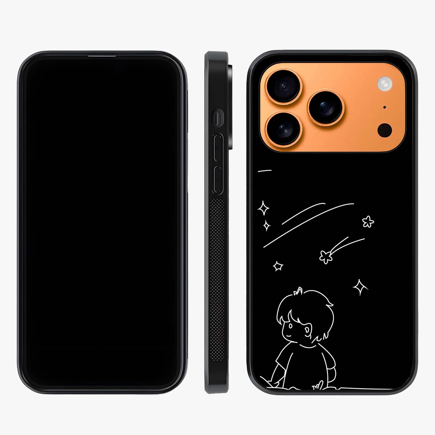 Line Art Boy With Shooting Stars Glass Case displayed upright for full design visibility and premium finish.