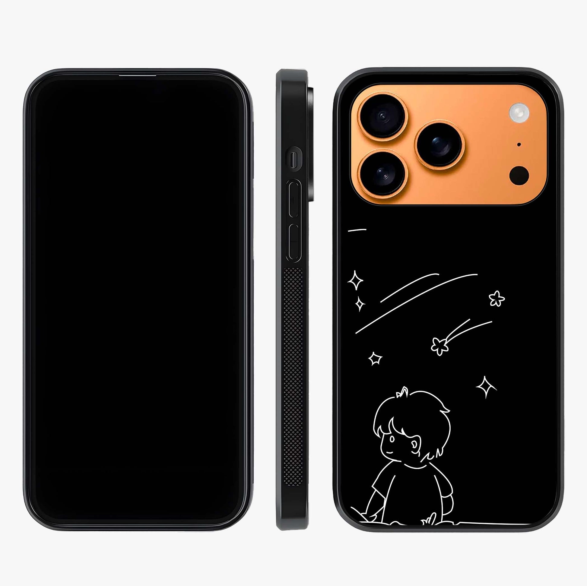 Line Art Boy With Shooting Stars Glass Case displayed upright for full design visibility and premium finish.
