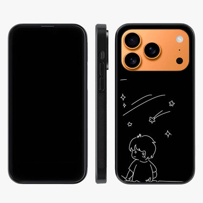 Line Art Boy With Shooting Stars Glass Case displayed upright for full design visibility and premium finish.