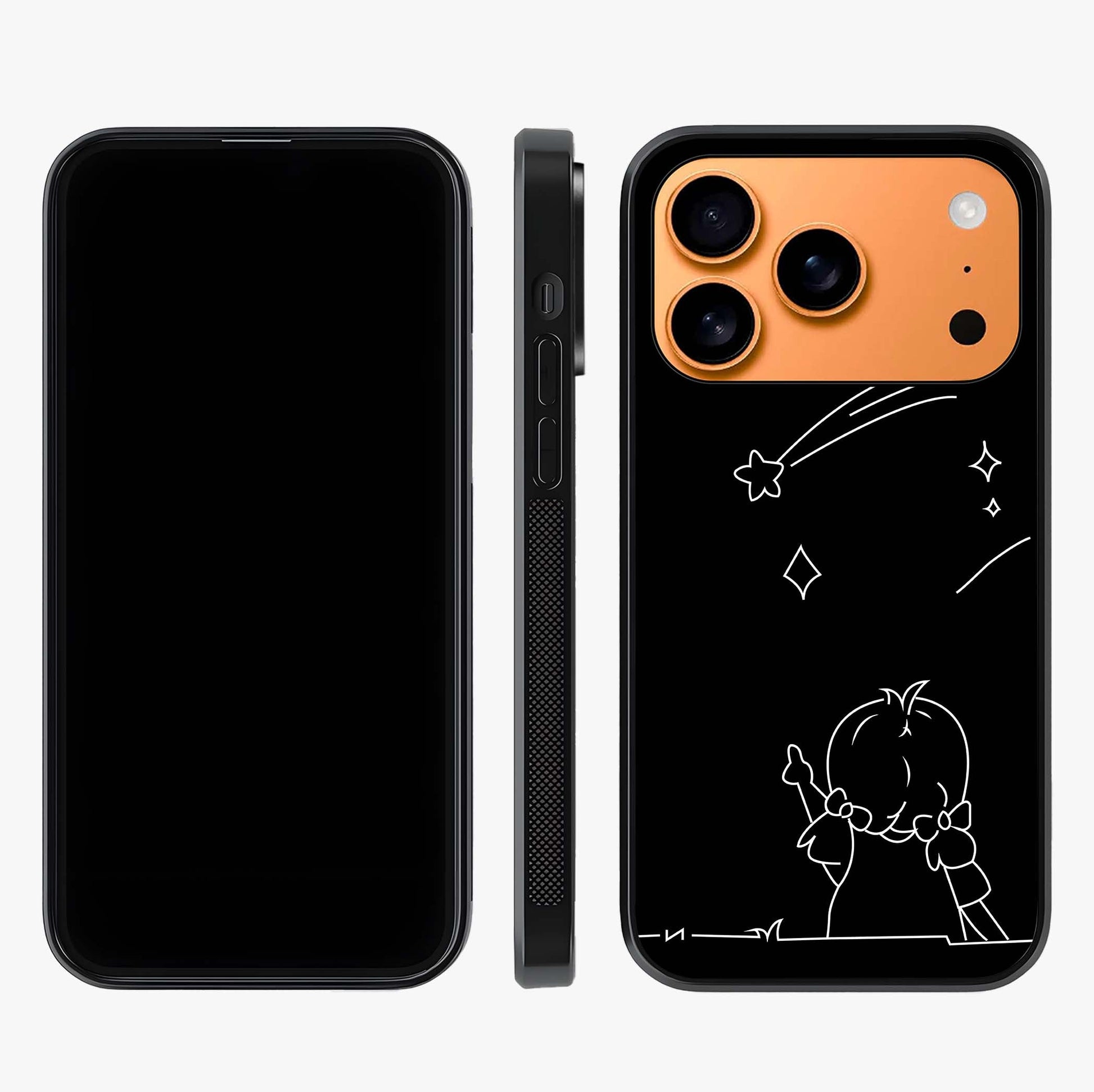Line Art Girl With Shooting Stars Glass Case displayed upright for full design visibility and premium finish.