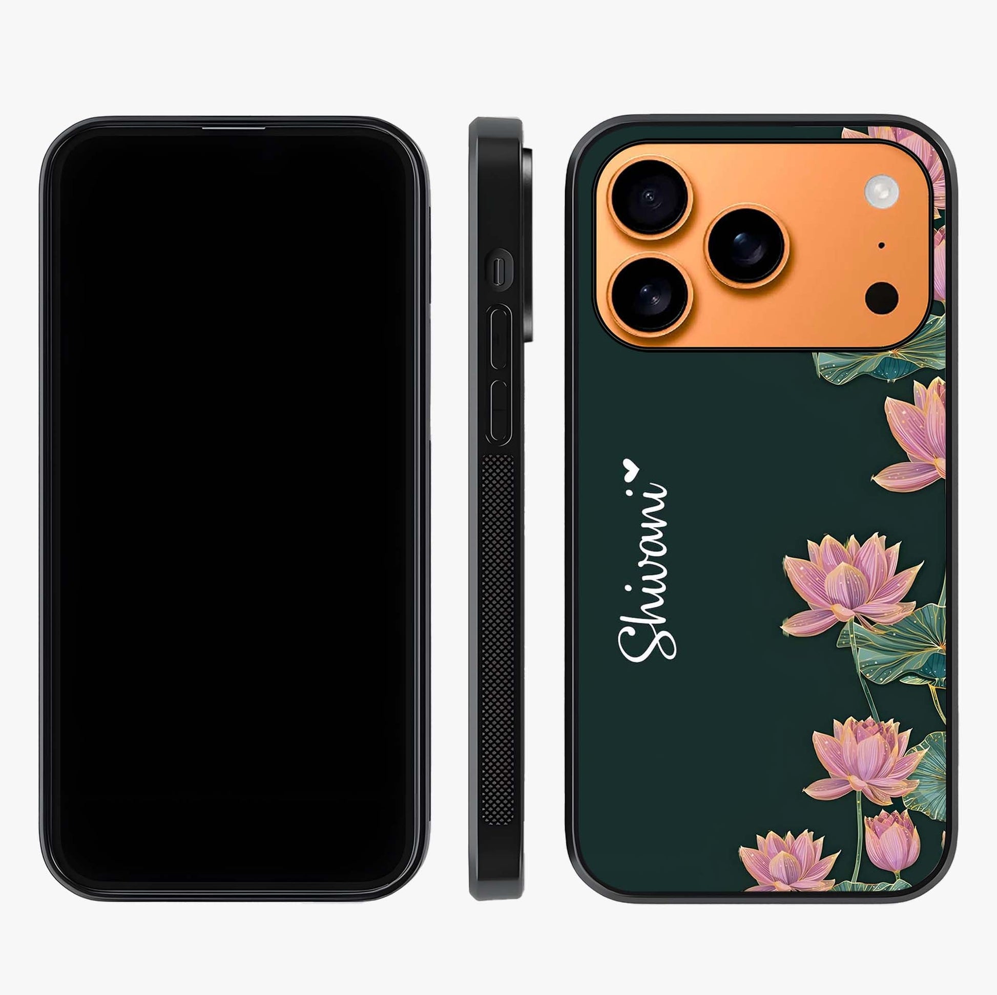 Lotus Bloom Serenity Custom Name Glass Case displayed upright for full design visibility and premium finish.