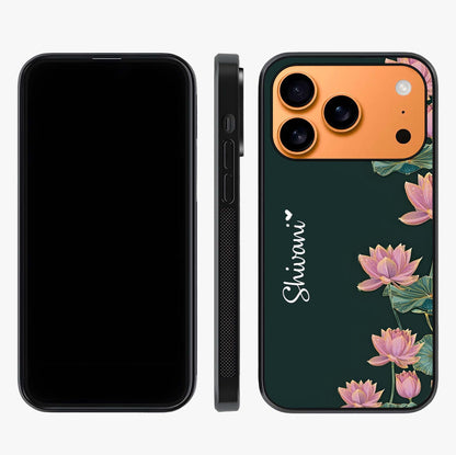 Lotus Bloom Serenity Custom Name Glass Case displayed upright for full design visibility and premium finish.