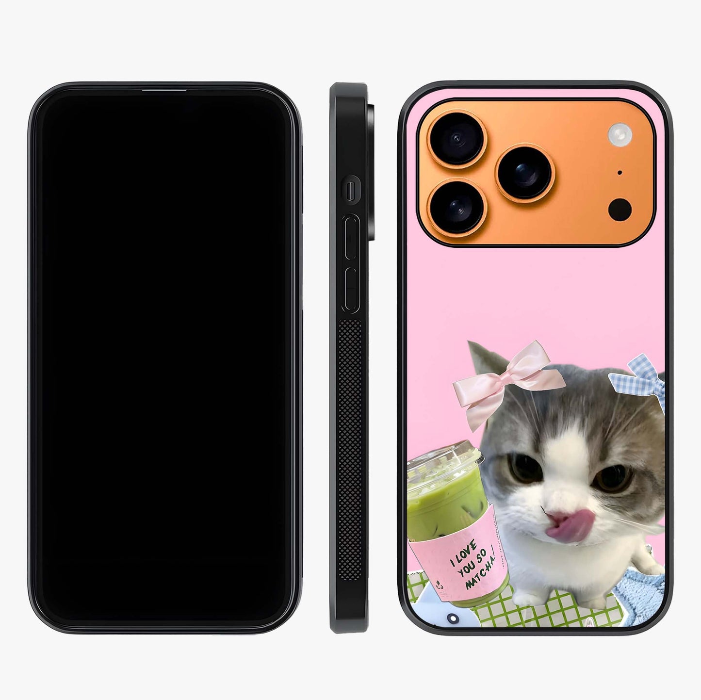 Love Matcha Cat Glass Case displayed upright for full design visibility and premium finish.