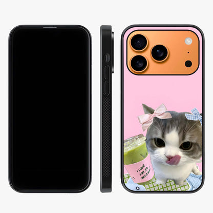 Love Matcha Cat Glass Case displayed upright for full design visibility and premium finish.