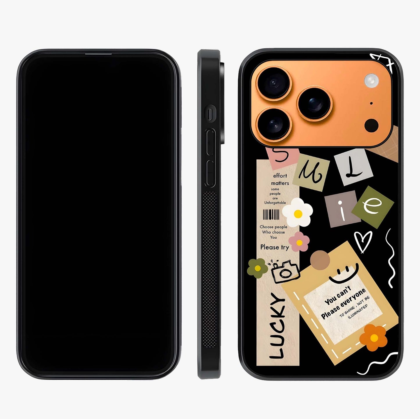 Lucky Aesthetic Collage Glass Case displayed upright for full design visibility and premium finish.