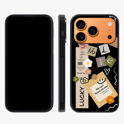 Lucky Aesthetic Collage Glass Case displayed upright for full design visibility and premium finish.