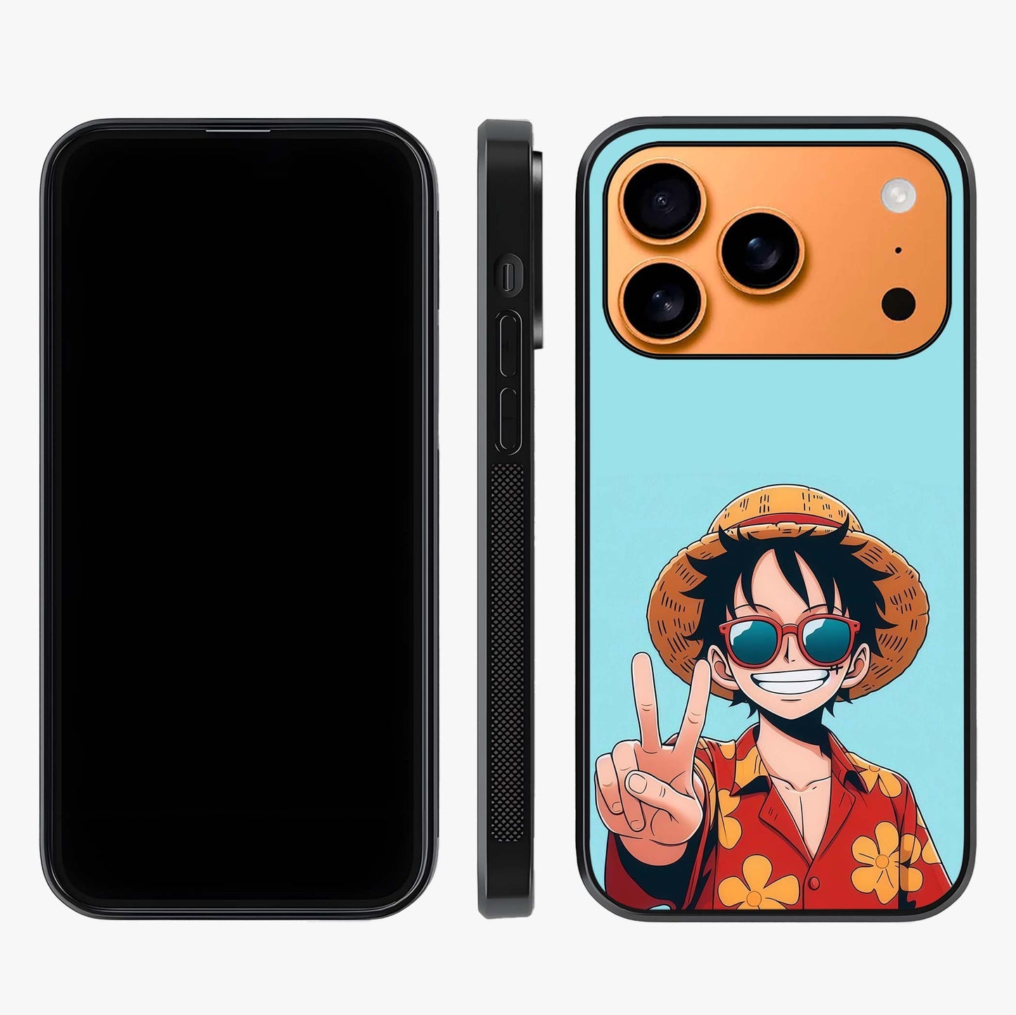 Luffy Summer Anime Vibe Glass Case displayed upright for full design visibility and premium finish.