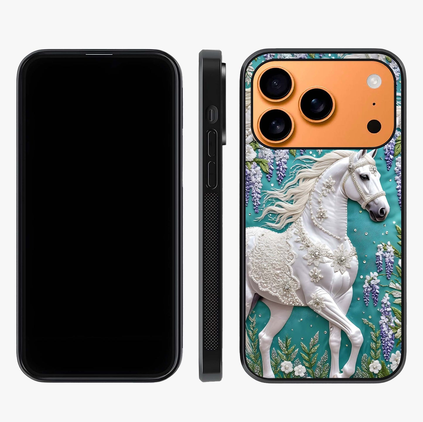 Majestic Floral Stallion Glass Case displayed upright for full design visibility and premium finish.