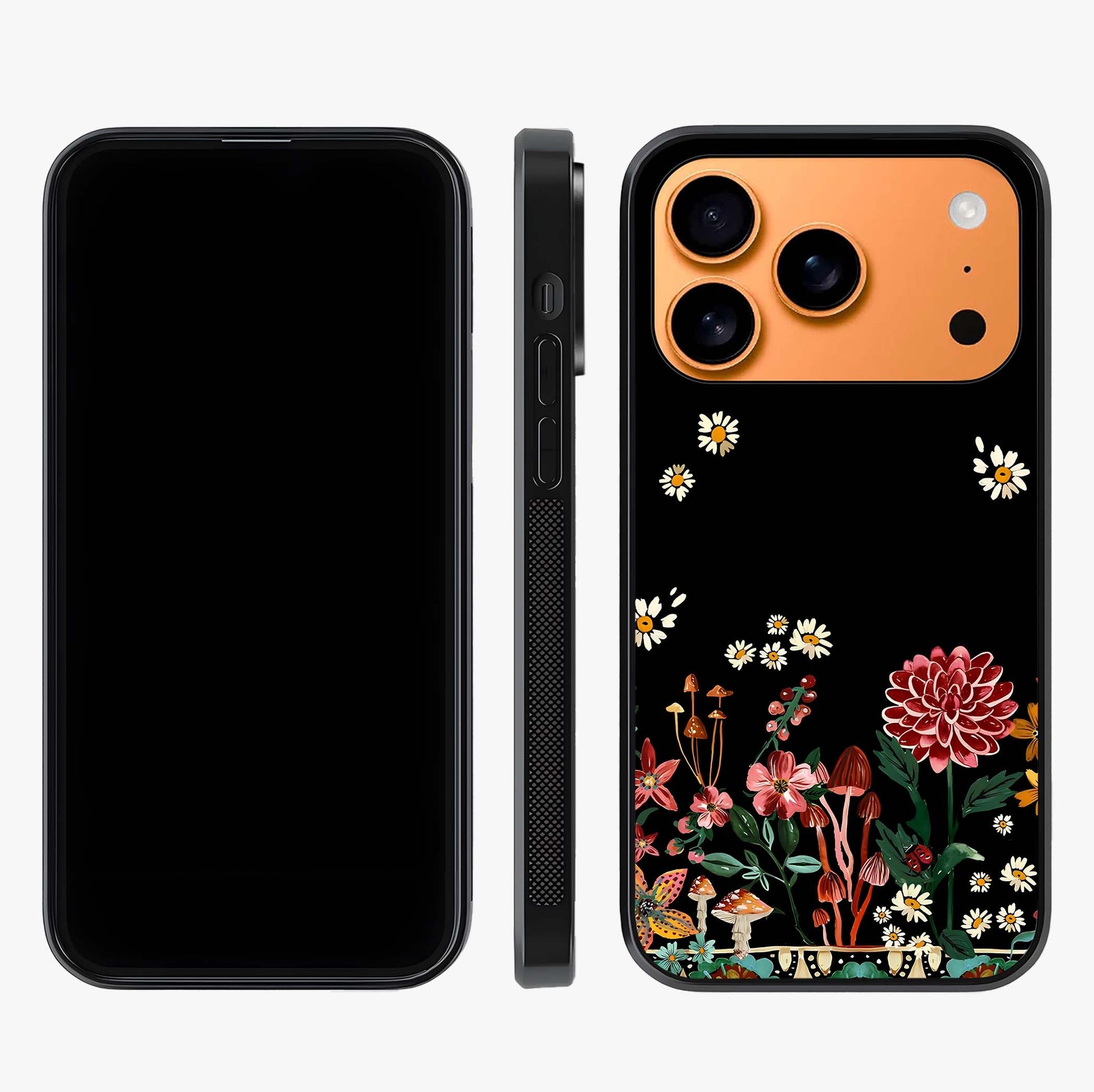 Midnight Bloom Pattern Glass Case displayed upright for full design visibility and premium finish.