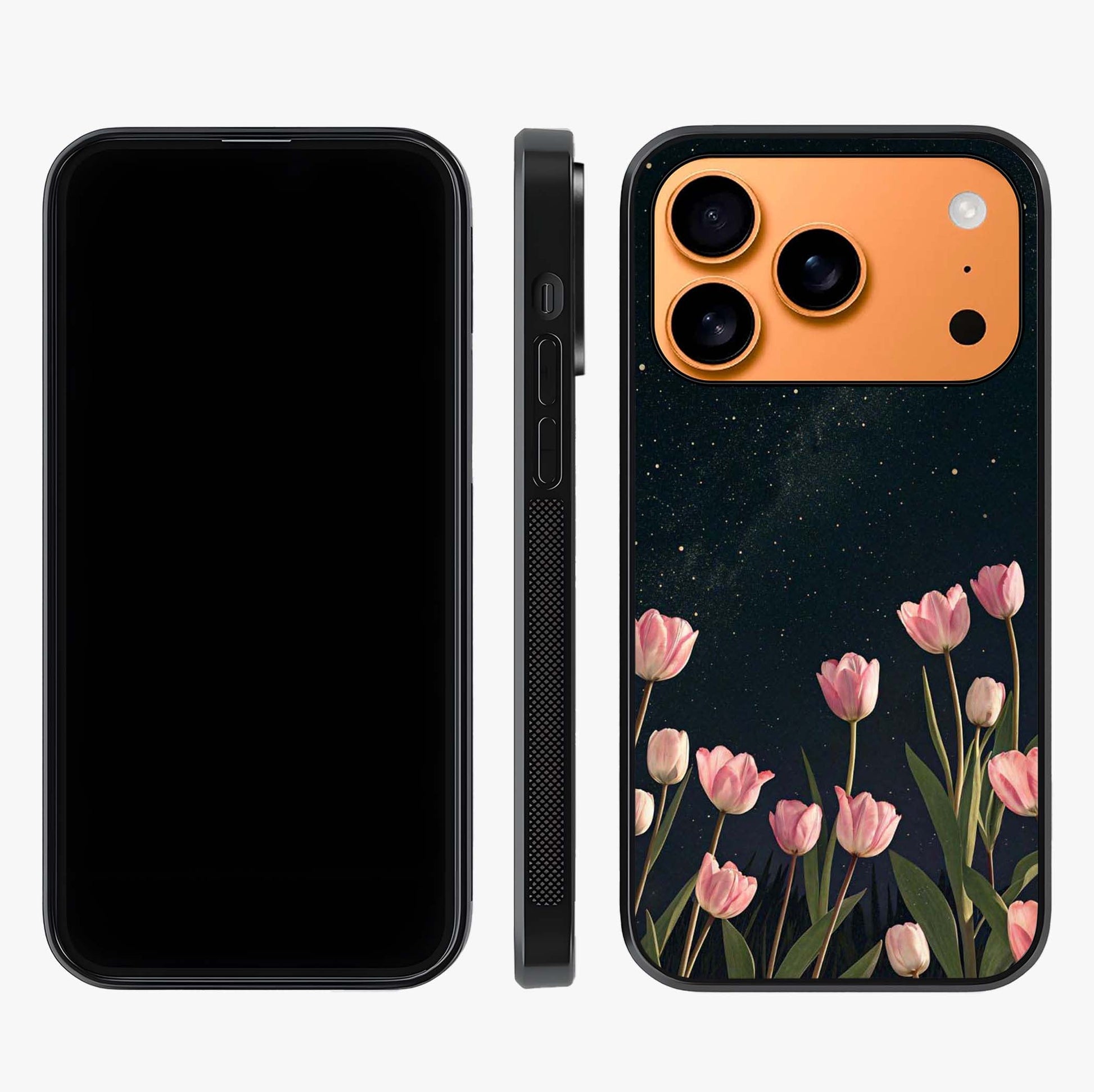 Midnight Tulip Whispers Vibe Glass Case displayed upright for full design visibility and premium finish.