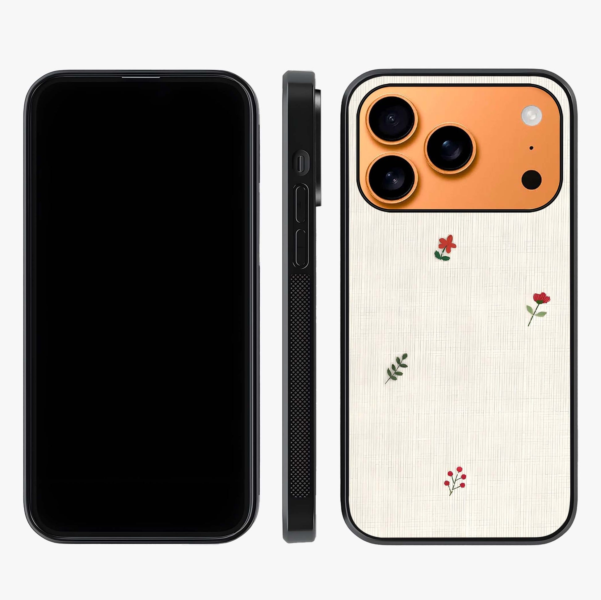 Minimal Petal Whispers Glass Case displayed upright for full design visibility and premium finish.