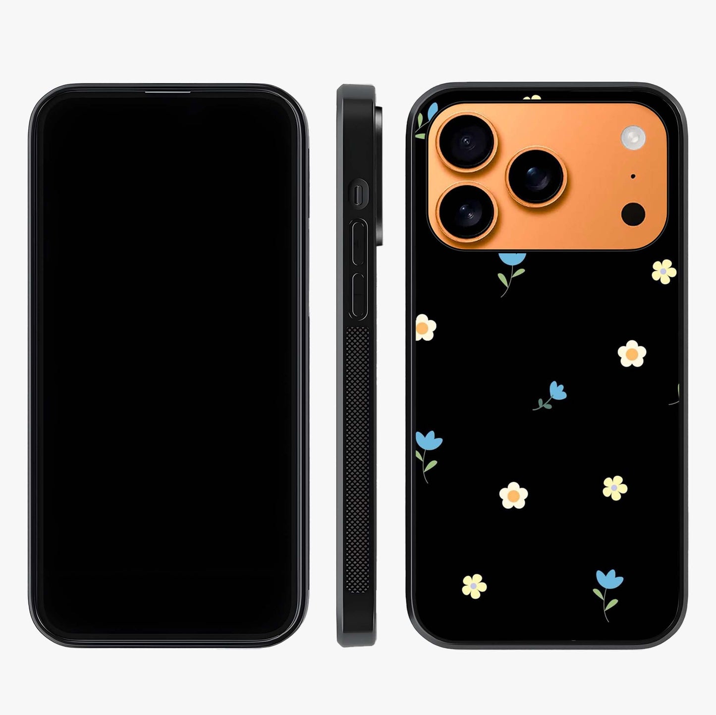 Minimalistic Blue With White Flower Pattern Glass Case displayed upright for full design visibility and premium finish.