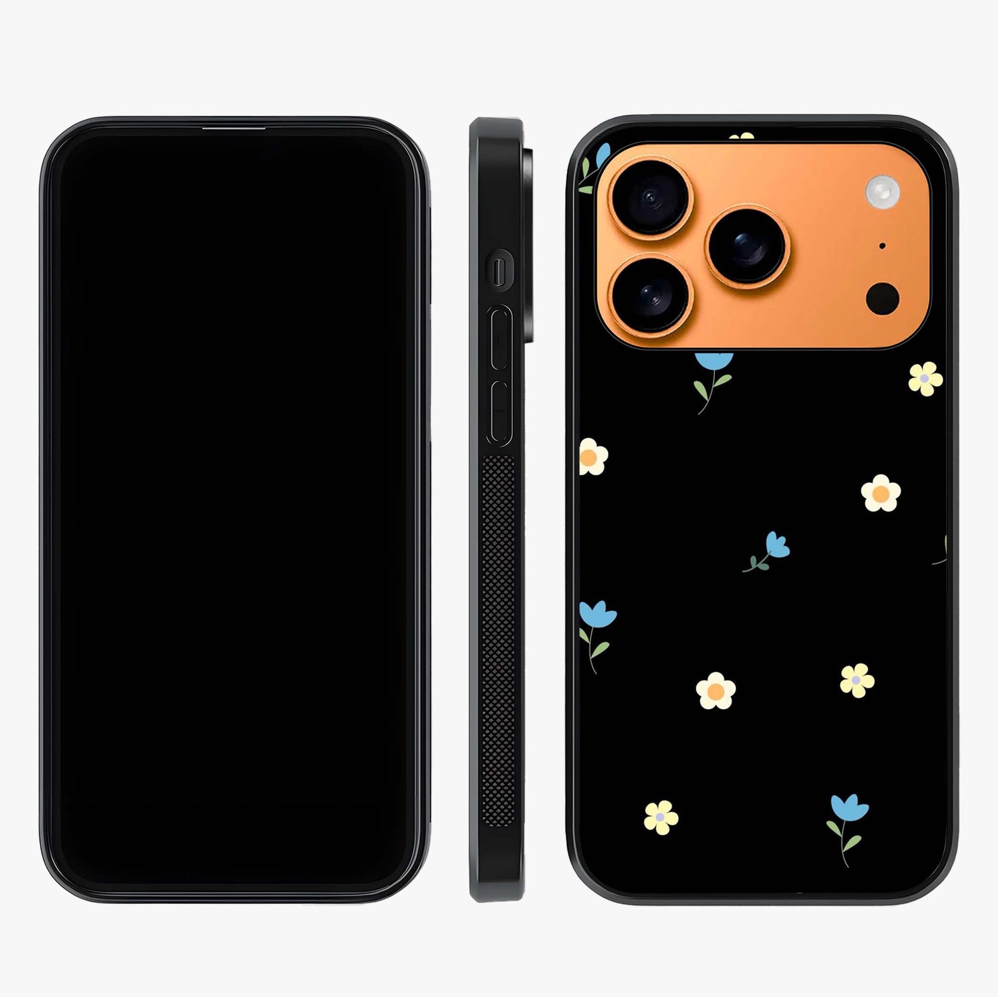 Minimalistic Blue With White Flower Pattern Glass Case displayed upright for full design visibility and premium finish.