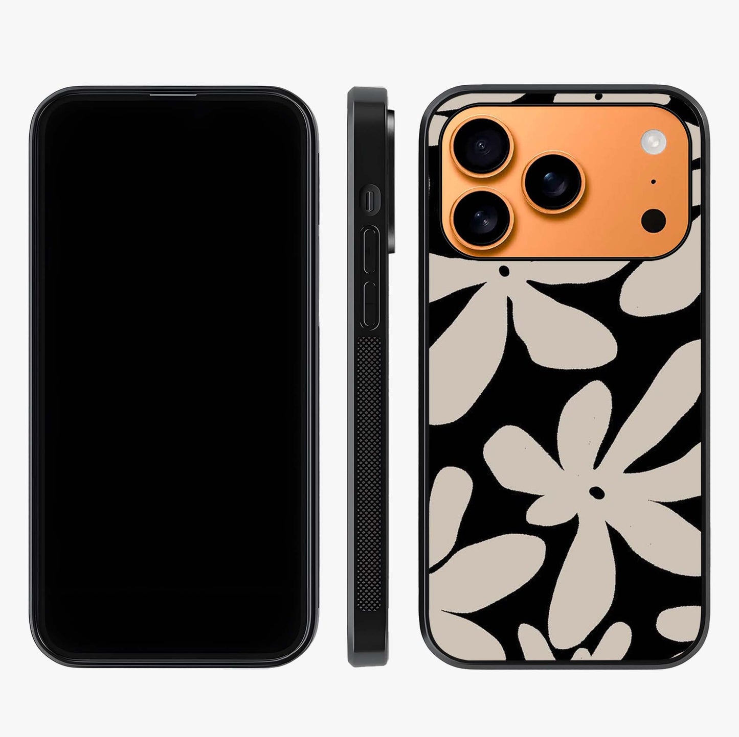 Monochrome Petal Dance Glass Case displayed upright for full design visibility and premium finish.