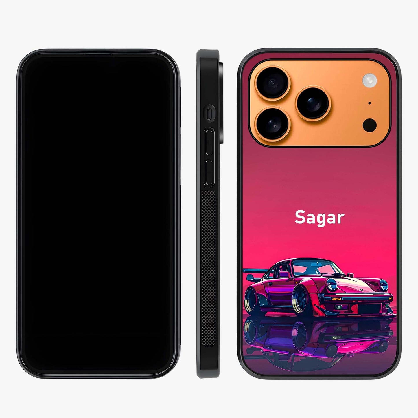 Neon Pink Porsche Glass Case displayed upright for full design visibility and premium finish.