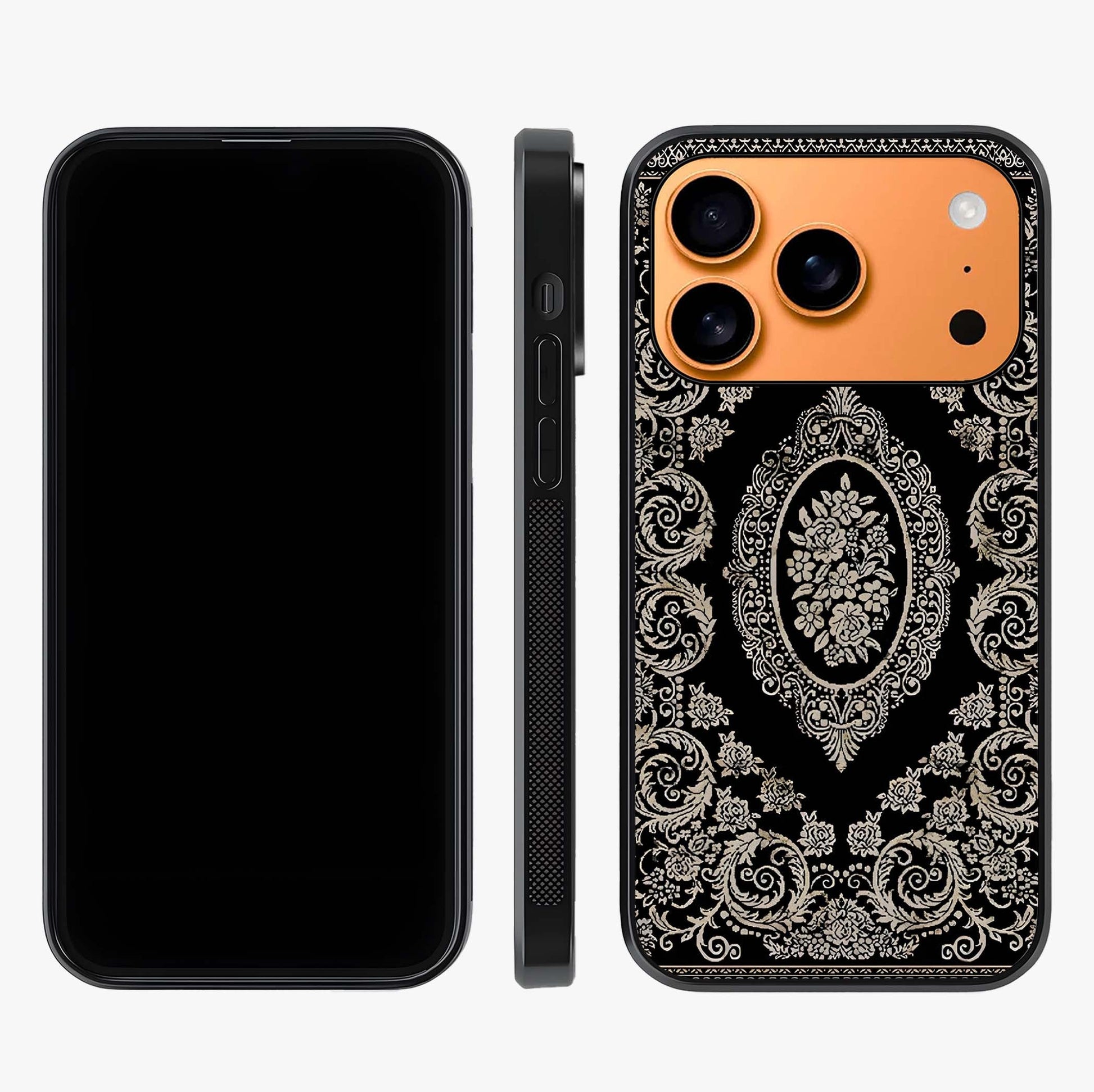 Noir Bloom Elegance Glass Case displayed upright for full design visibility and premium finish.