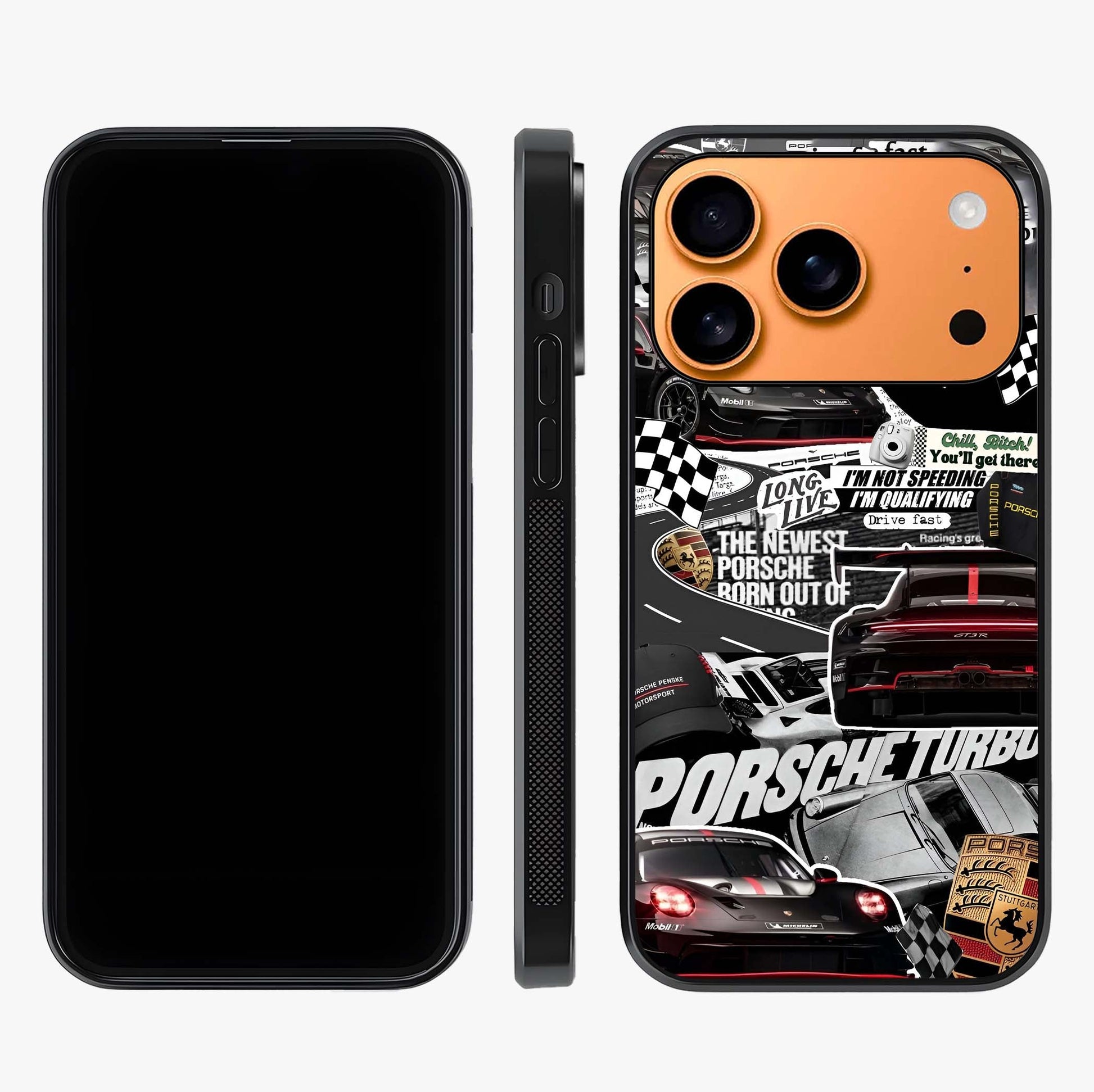 Porsche Racing Collage Glass Case displayed upright for full design visibility and premium finish.