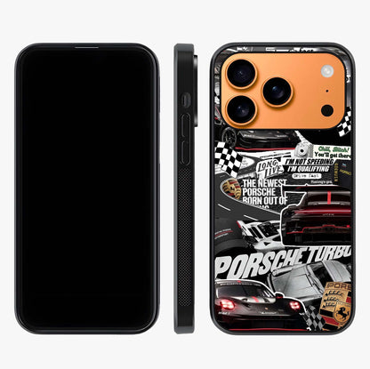 Porsche Racing Collage Glass Case displayed upright for full design visibility and premium finish.