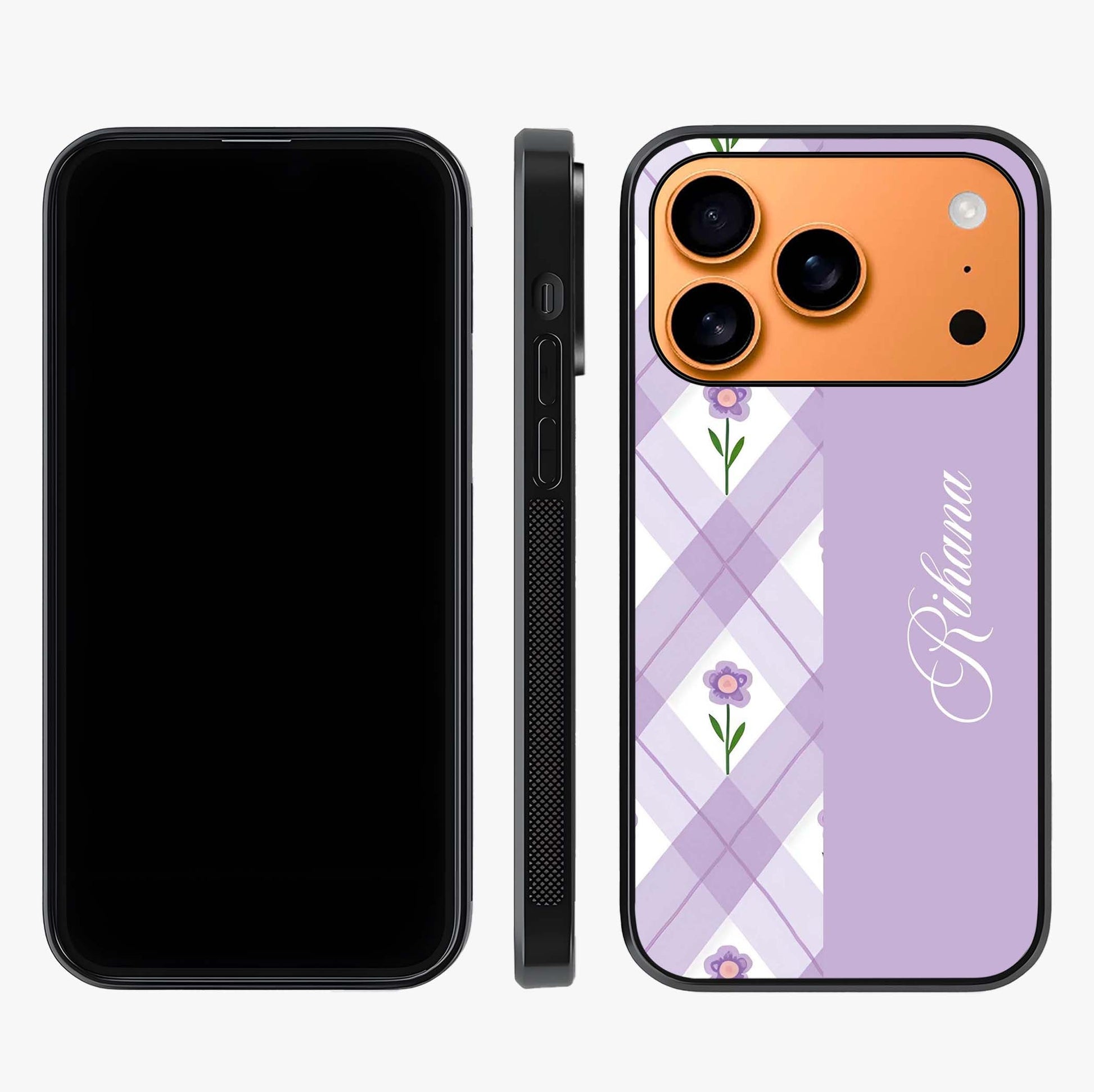 Purple Diamond Floral Glass Case displayed upright for full design visibility and premium finish.