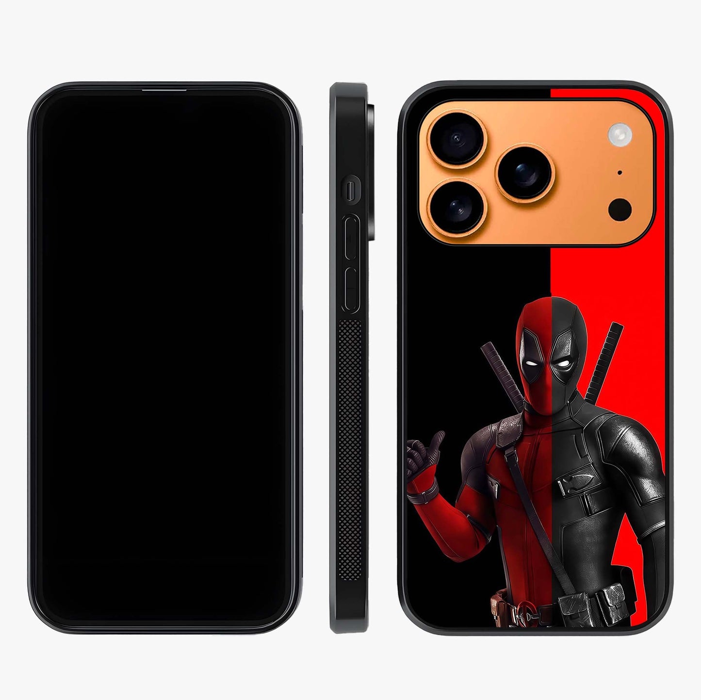 Red & Black Deadpool Theme Glass Case displayed upright for full design visibility and premium finish.