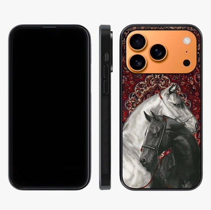 Regal Stallion Tapestry Glass Case displayed upright for full design visibility and premium finish.