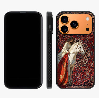 Royal Rider Tapestry Glass Case displayed upright for full design visibility and premium finish.
